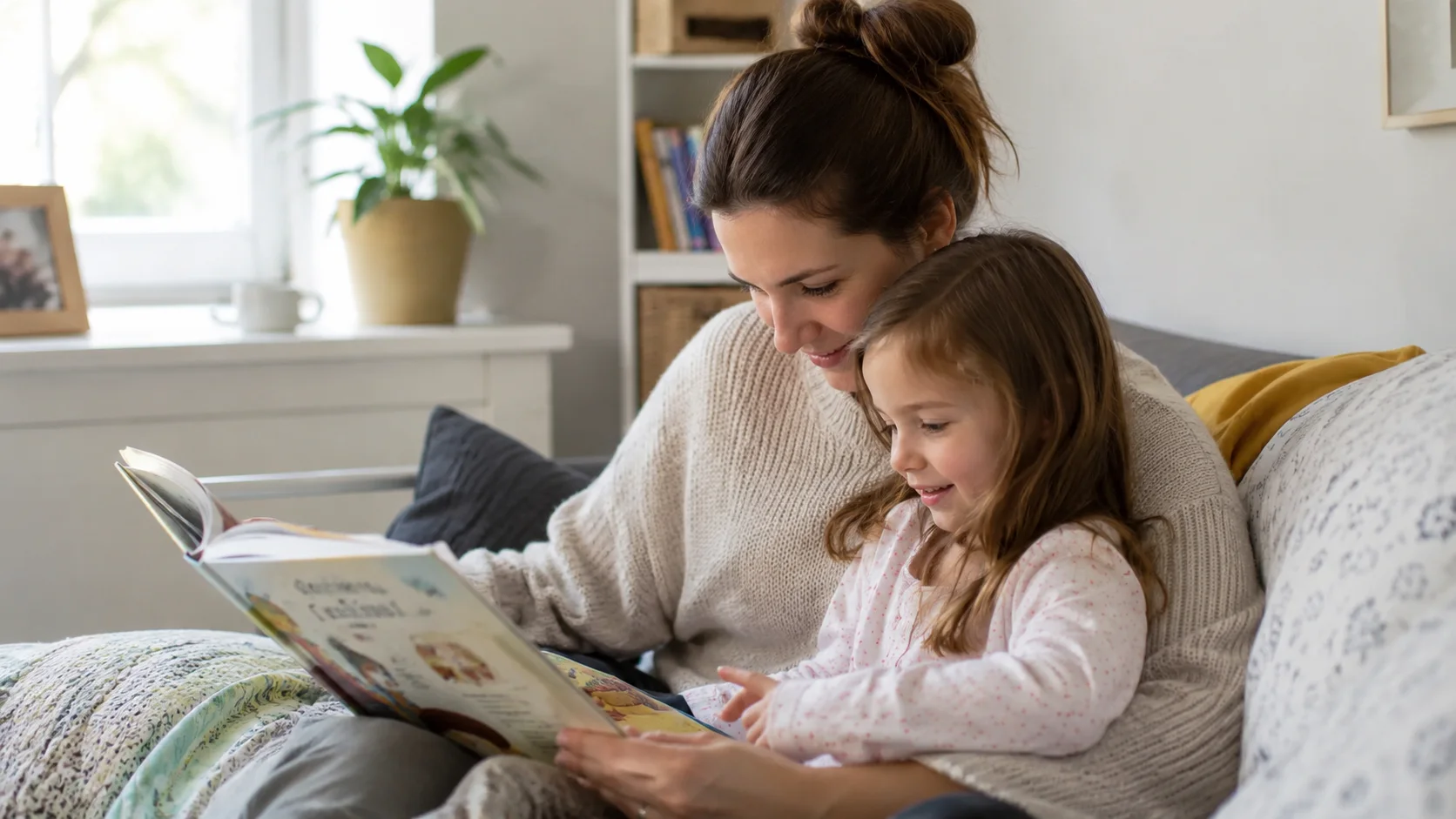 Mãe lendo um livro com a filha no colo, em casa
